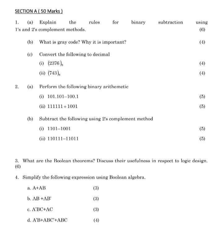  1. (a) Explain the rules for binary subtraction using 1 's