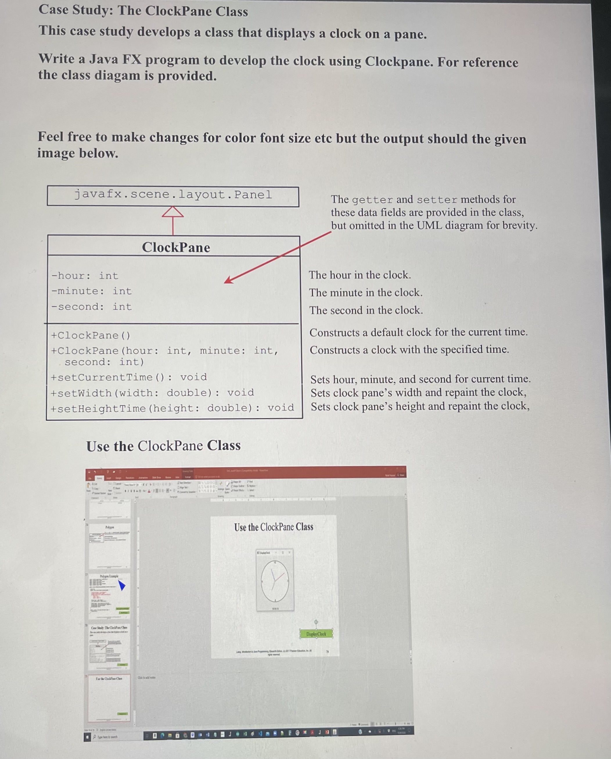  Please develop a class that displays a cloclk on a pane