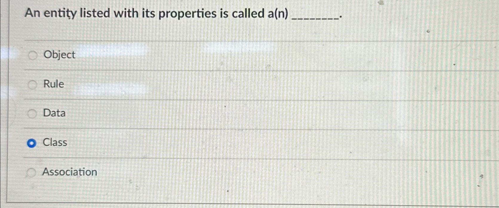  An entity listed with its properties is called a(n) Object Rule