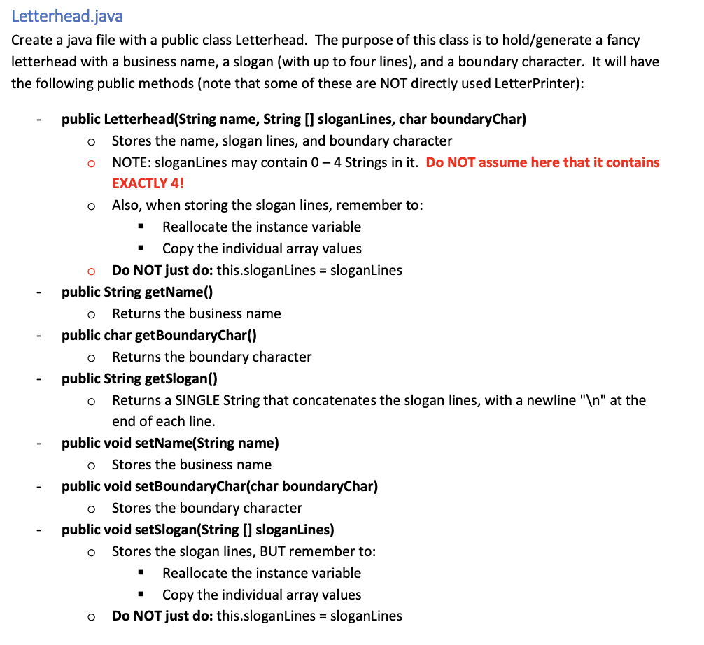 In java please! Letterhead.java Create a java file with a public class