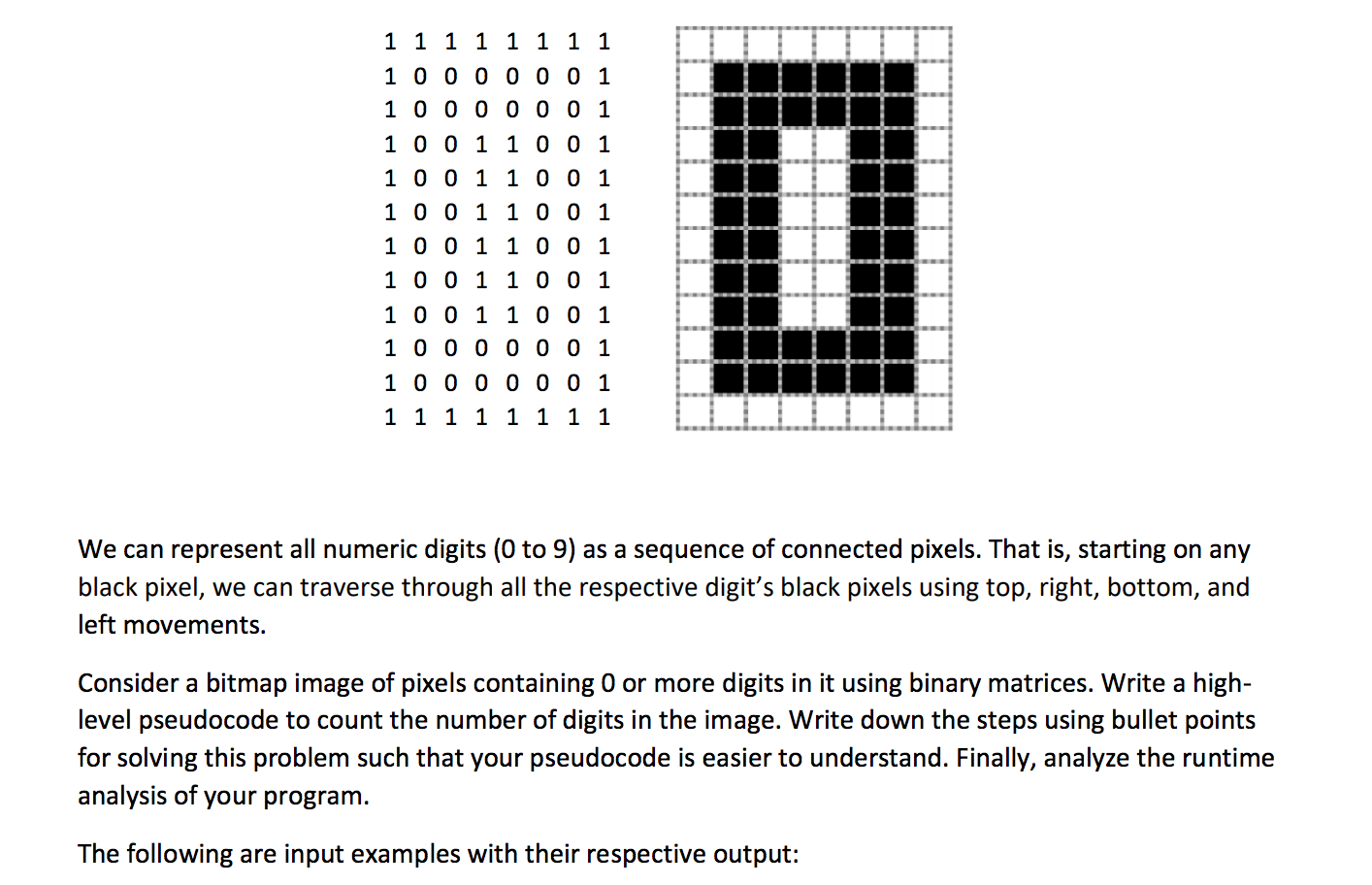 images as binary matrices where O refers to a black pixel, and
