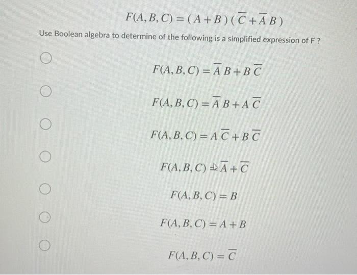 Please solve F(A, B, C) = (A+B)(C+B) Use Boolean algebra to determine