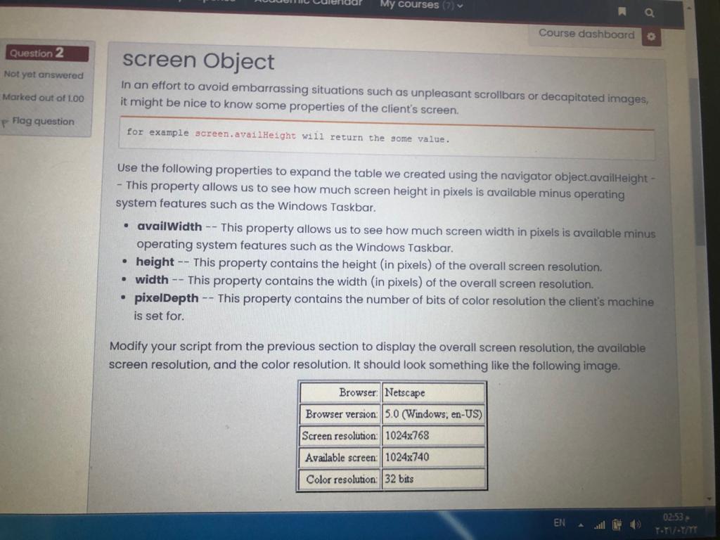 My courses a Course dashboard Question 2 screen Object Not yet