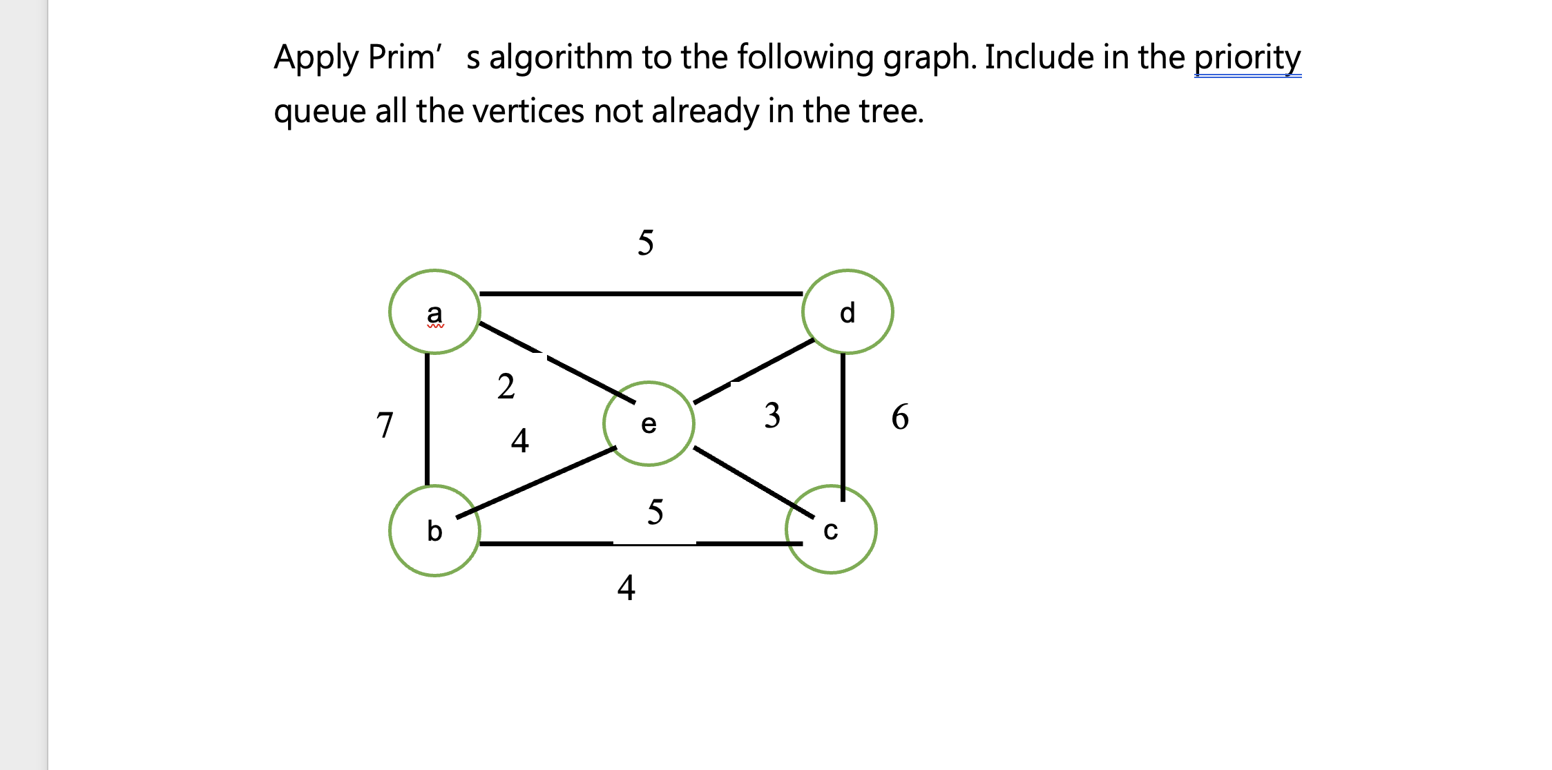  Apply Prim' s algorithm to the following graph. Include in the