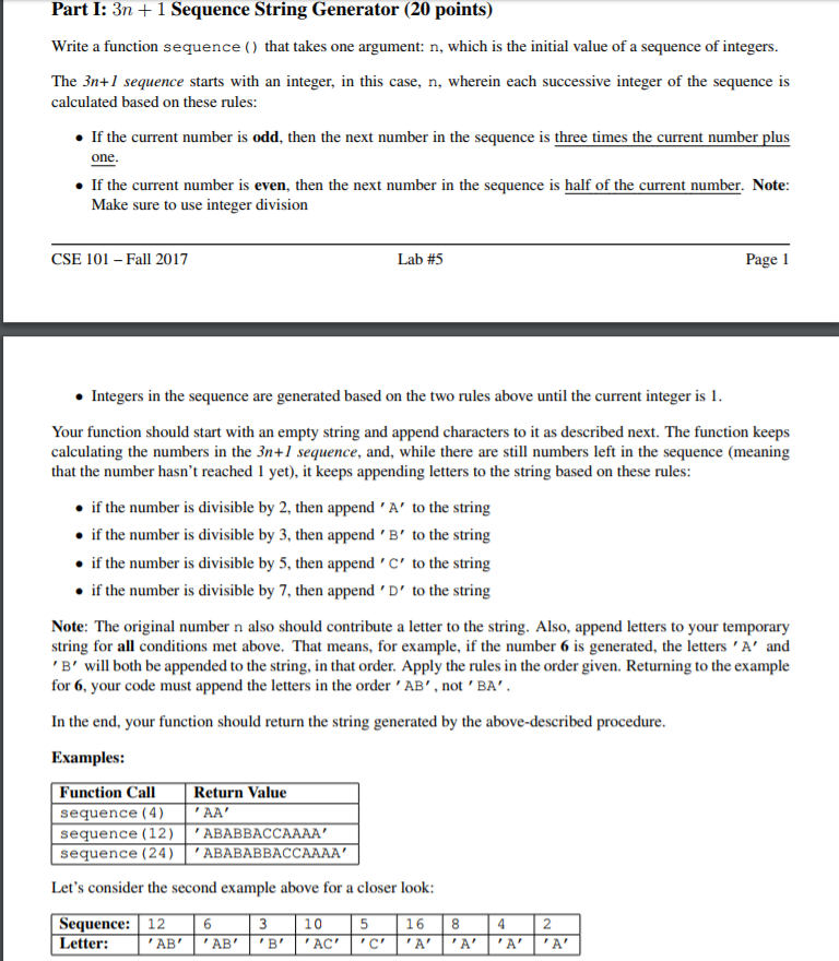  Part I: 3n + 1 Sequence String Generator (20 points) Write