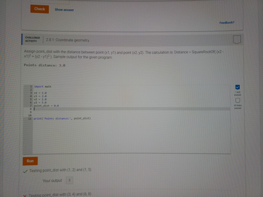 Check Show answer Feedback? CHALLENE 28.1: Coordinate geometry ACTIVITY Assign point.dist