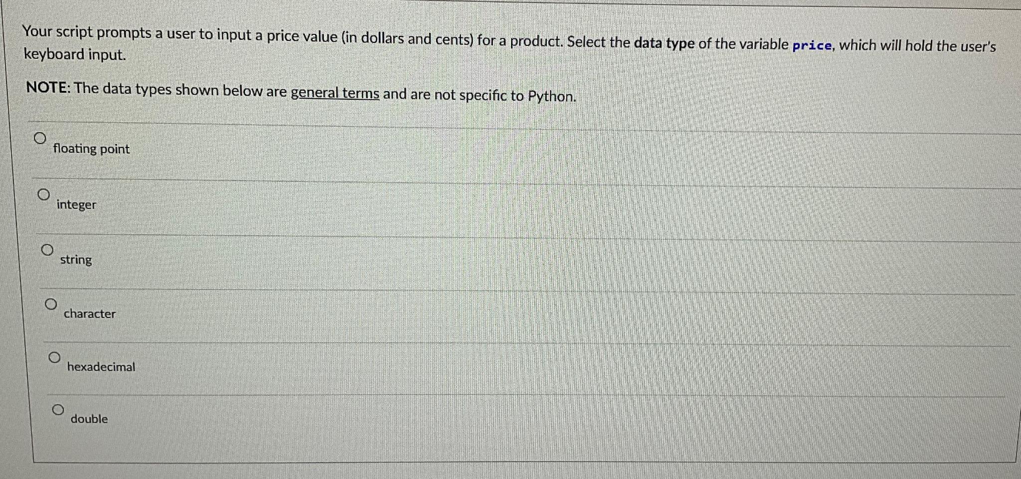  Your script prompts a user to input a price value (in