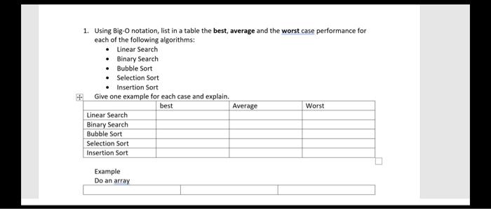  do it in in a table 1. Using Big-O notation, list