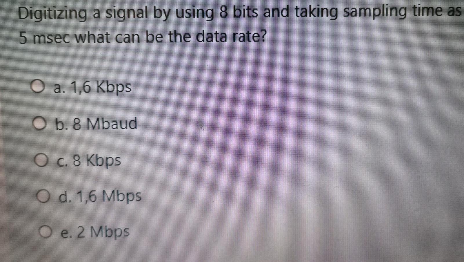  Data communications Digitizing a signal by using 8 bits and taking