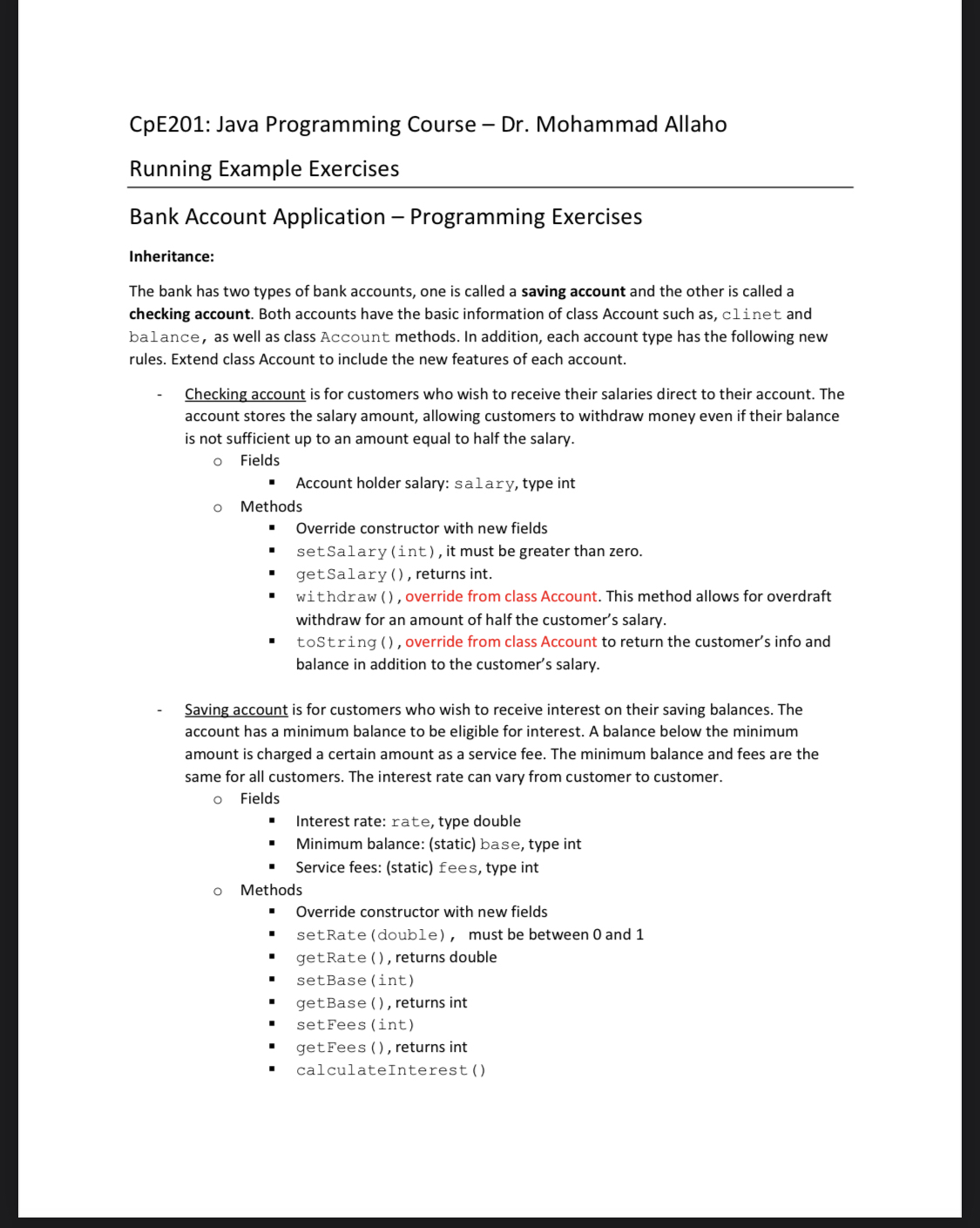  CpE201: Java Programming Course - Dr. Mohammad Allaho Running Example Exercises