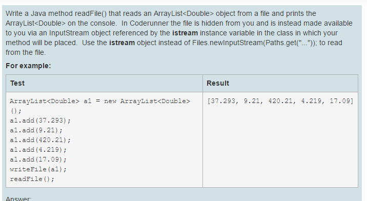  Java I/O question Write a Java method readFile() that reads an