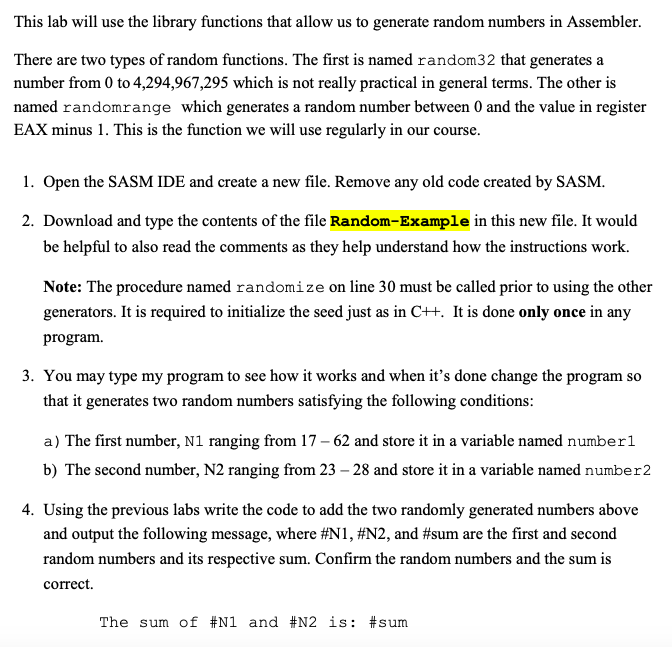Using SASM: Random-Example file: This lab will use the library functions that