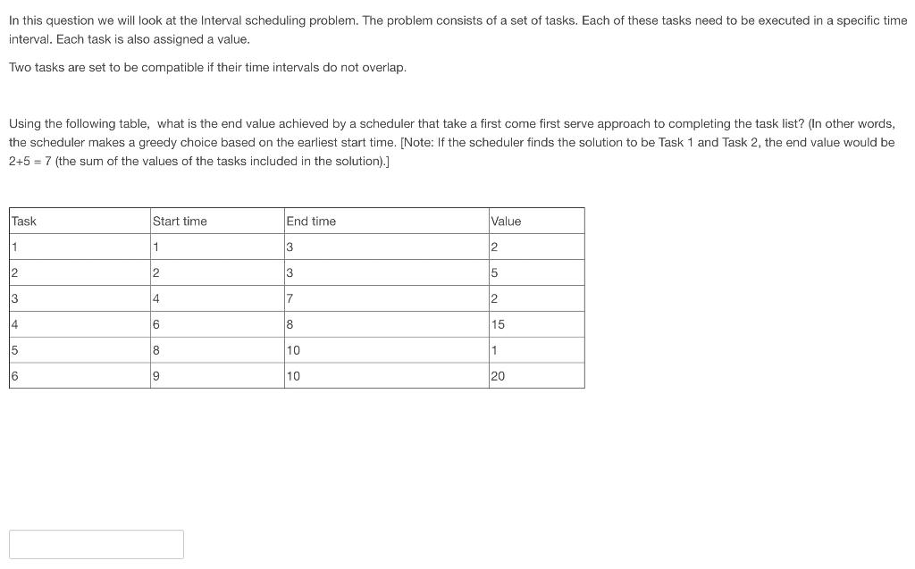 Algorithm Question In this question we will look at the Interval scheduling