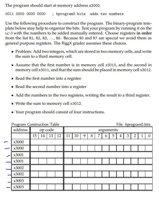 The program should start at memory address x3000. 0011 0000 0000
