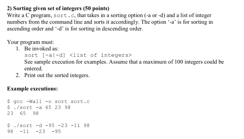 Please write the code in C, Thank you! 2) Sorting given set