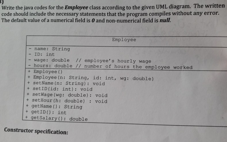  3) Write the java codes for the Employee class according to