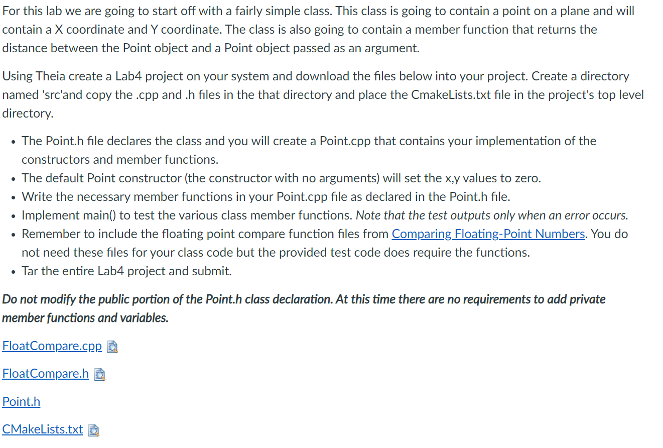 write C++ program for main.cpp part and complete point.cpp and point.h For