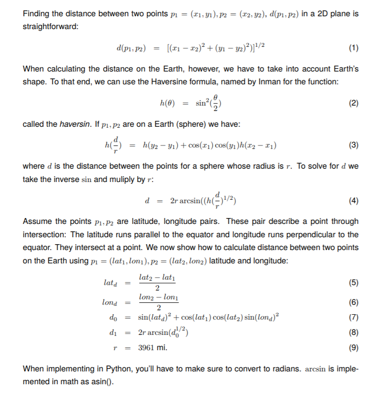 Python Haversine distance problem Finding the distance between two points p-(zi, y),P2-(T232),