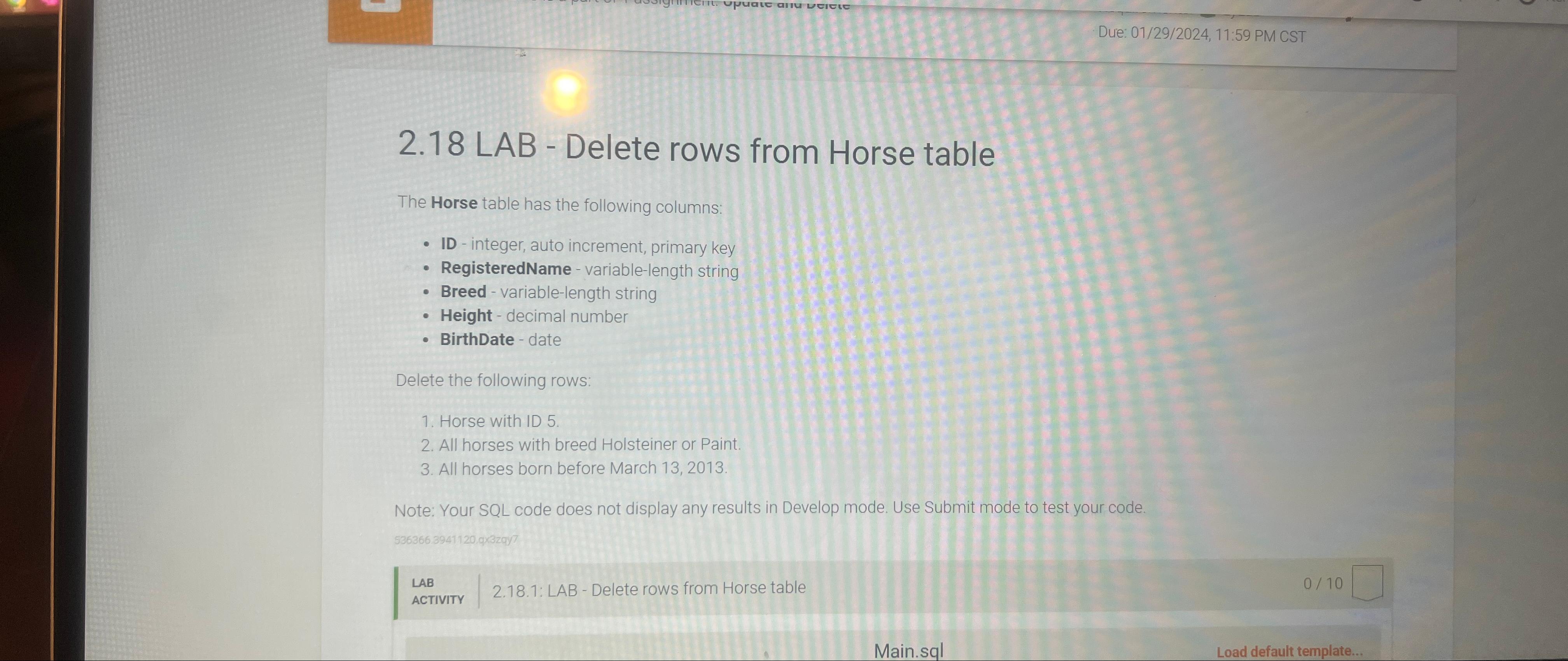  2.18 LAB - Delete rows from Horse table The Horse table