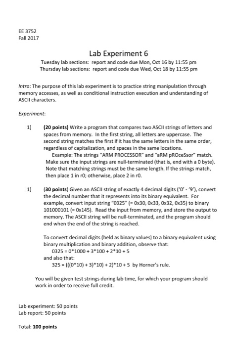  Using ARM assembly code create the following programs. EE 3752 Fall