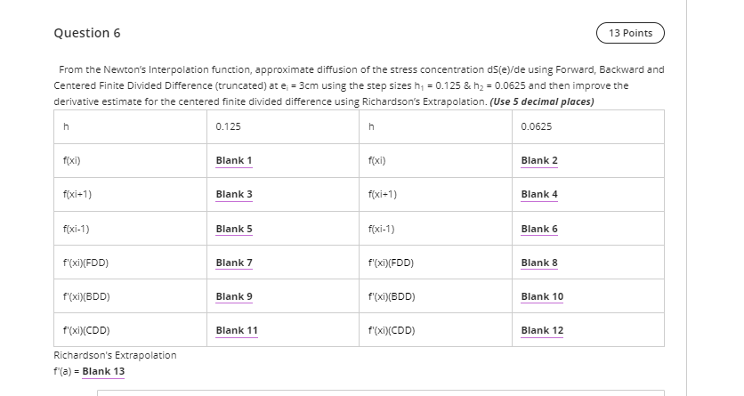  Question 6 13 Points From the Newton's Interpolation function, approximate diffusion