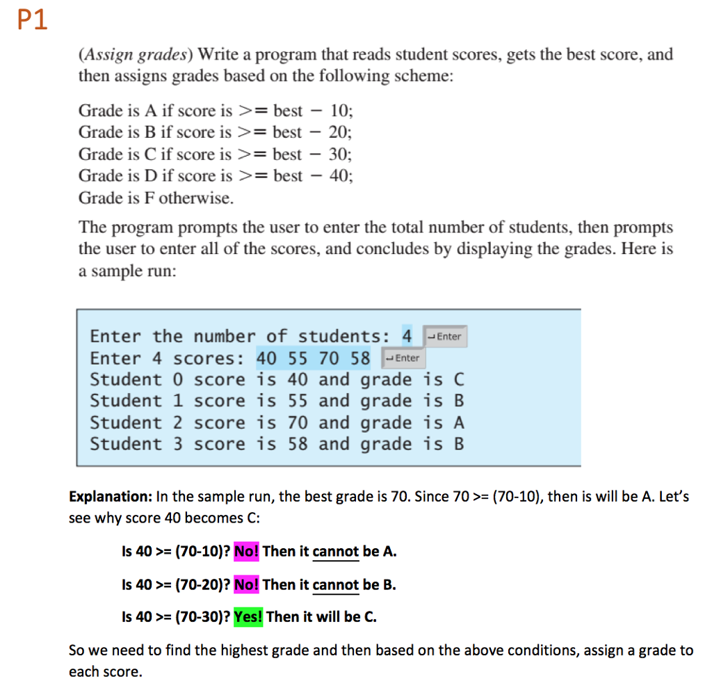  P1 (Assign grades) Write a program that reads student scores, gets