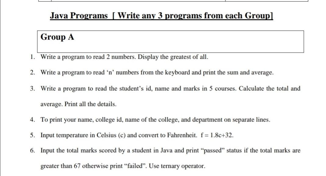  Object oriented programming Java Programs [Write any 3 programs from each