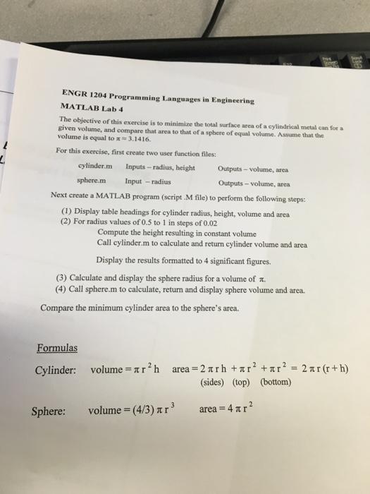  180 2 ENGR 1204 Programming Languages in Engineering MATLAB Lab 4