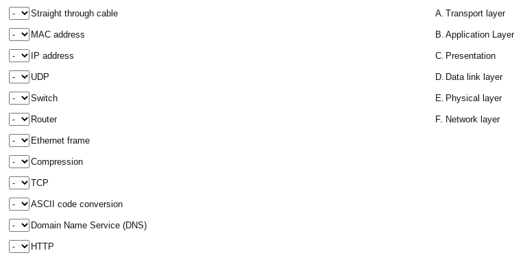 Straight through cable A. Transport layer MAC address B. Application Layer