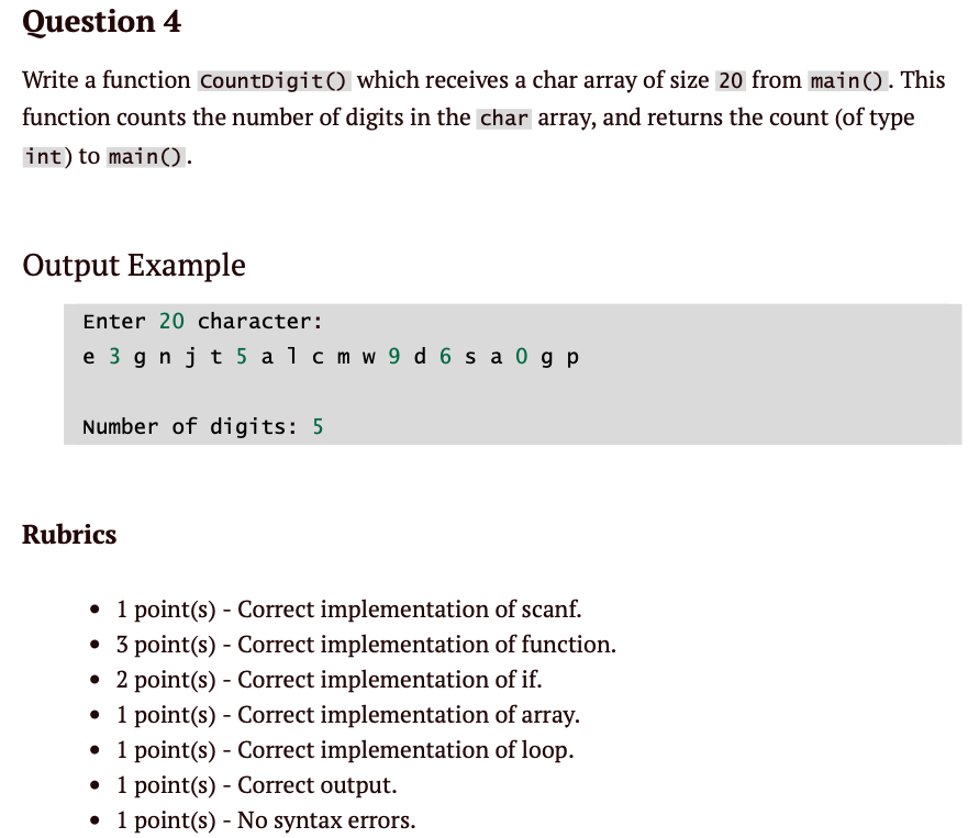 Write a function CountDigit() which receives a char array of size 20