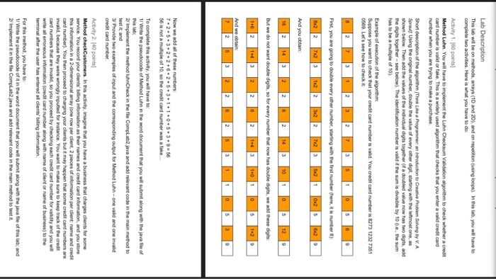  Lab Description This lab will be on methods, amrays (1D and
