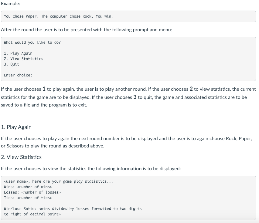 for the user to win, lose, or tie. The statistics that are