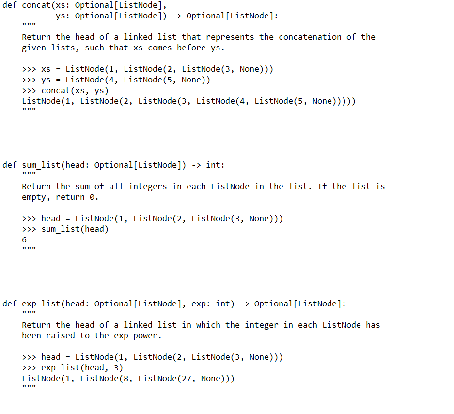  def concat(xs: Optional[ListNode), ys: Optional[ListNode]) -> Optional[ListNode] : Return the head