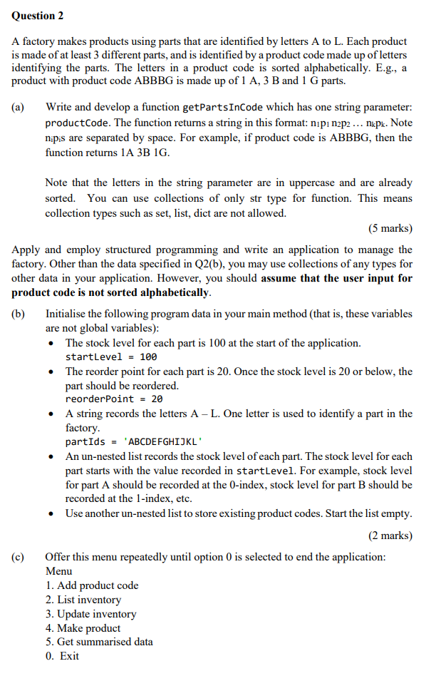 need help on this question , please provide answer in python code.
