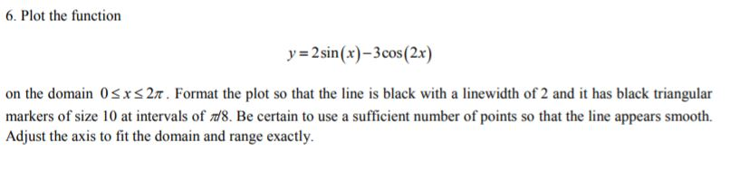 Programming language: MATLAB 6. Plot the function y=2sin(x)-3cos(2x) on the domain 0