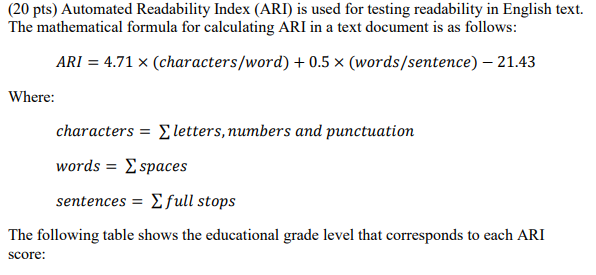  PROGRAMMING LANGUAGE USED IS RUBY (20 pts) Automated Readability Index (ARI)
