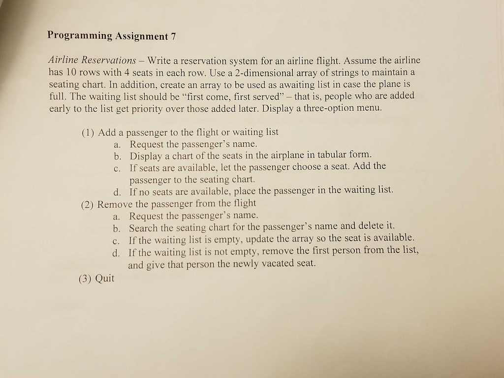 Using QBasic Programming Programming Assignment 7 Airline Reservations - Write a reservation