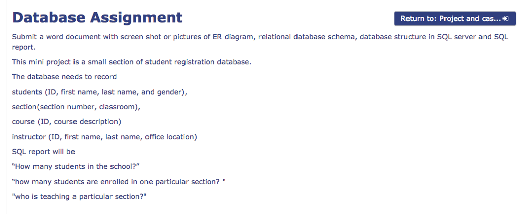 Database Assignment Return to: Project and cas Submit a word document