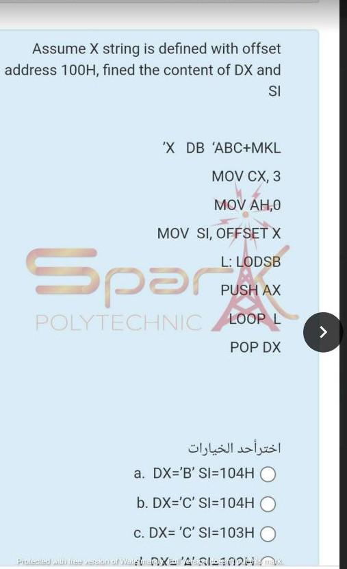 $', 'DB '123 MOV AH,9 MOV DX, OFFSET STR> INT 21H Spar