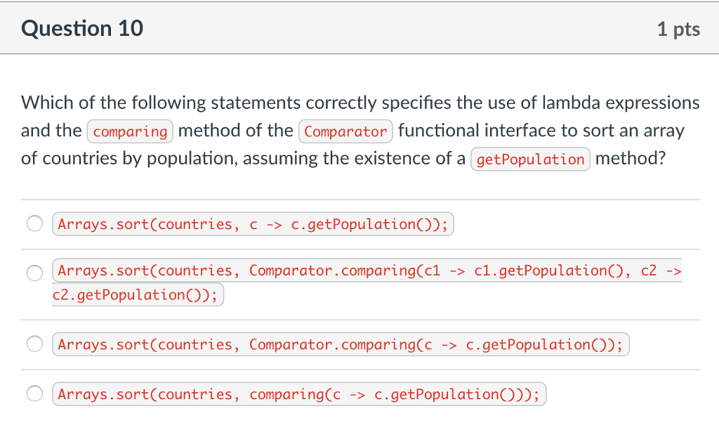 Which of the following statements correctly provides a comparator function using lambda