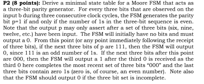 P2 (8 points): Derive a minimal state table for a Moore