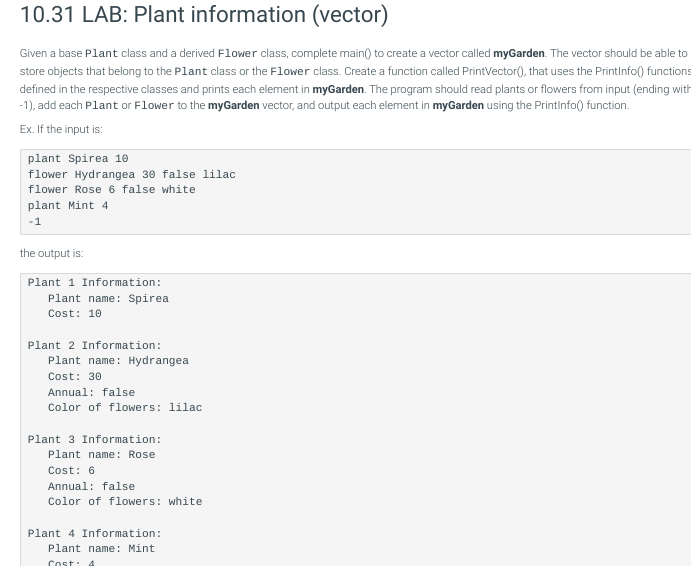  10.31 LAB: Plant information (vector) Given a base Plant class and