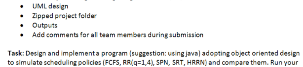 Scheduling simulation programming project UML design Zipped project folder Outputs Add comments