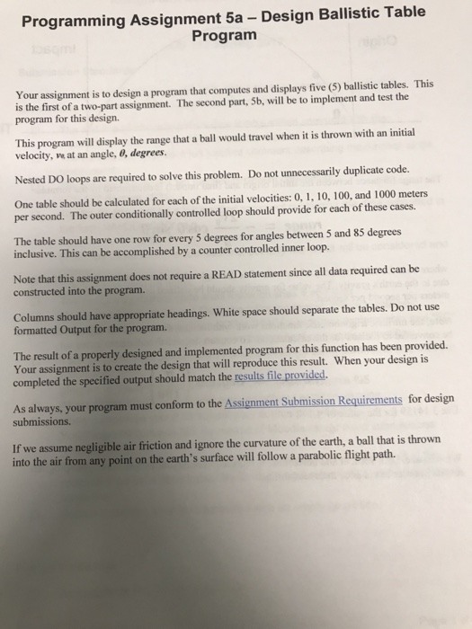  Using fortran!! Programming Assignment 5a - Design Ballistic Table Program Your