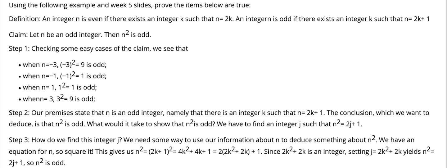 Using the following example and week 5 slides, prove the items