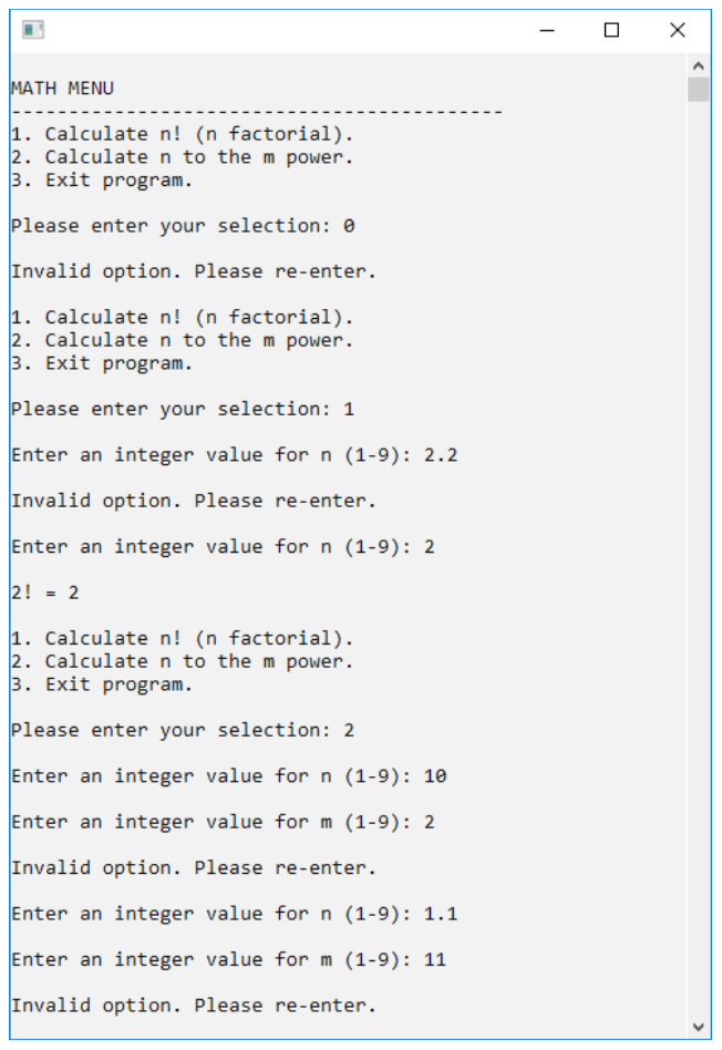 contains the following: a) Create a looping menu with the following options: