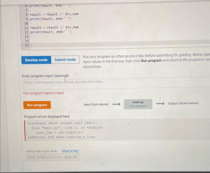 integers user_num and div_num as input, and outputs user_num divided by div_num