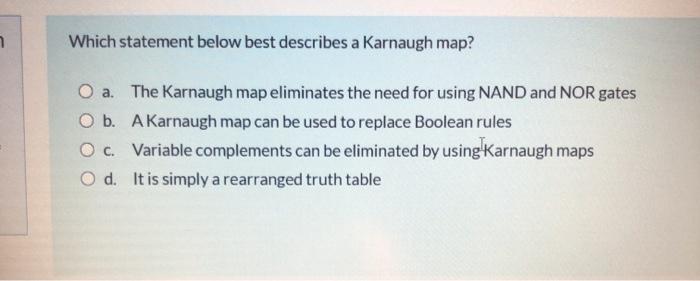  7 Which statement below best describes a Karnaugh map? O a.