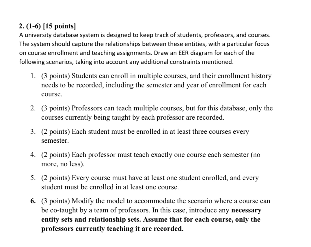  (1-6)[15 points] A university database system is designed to keep track