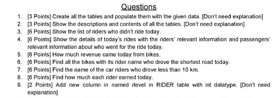 containing ridesharing information. Create Three tables described below. Name these tables as